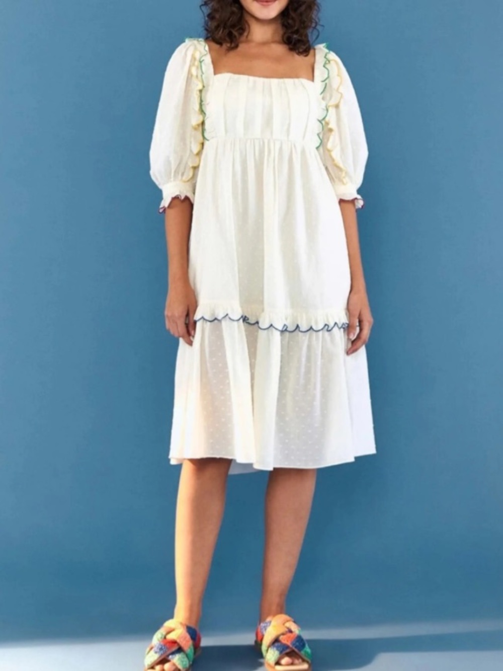 FARM RIO Ivory Midi Dress Puff Sleeves Colorful Ruffle Trim Textured XL